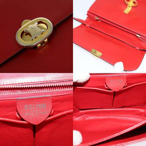 CELINE Shoulder Bag Leather Red Gold - Picture 11 of 13